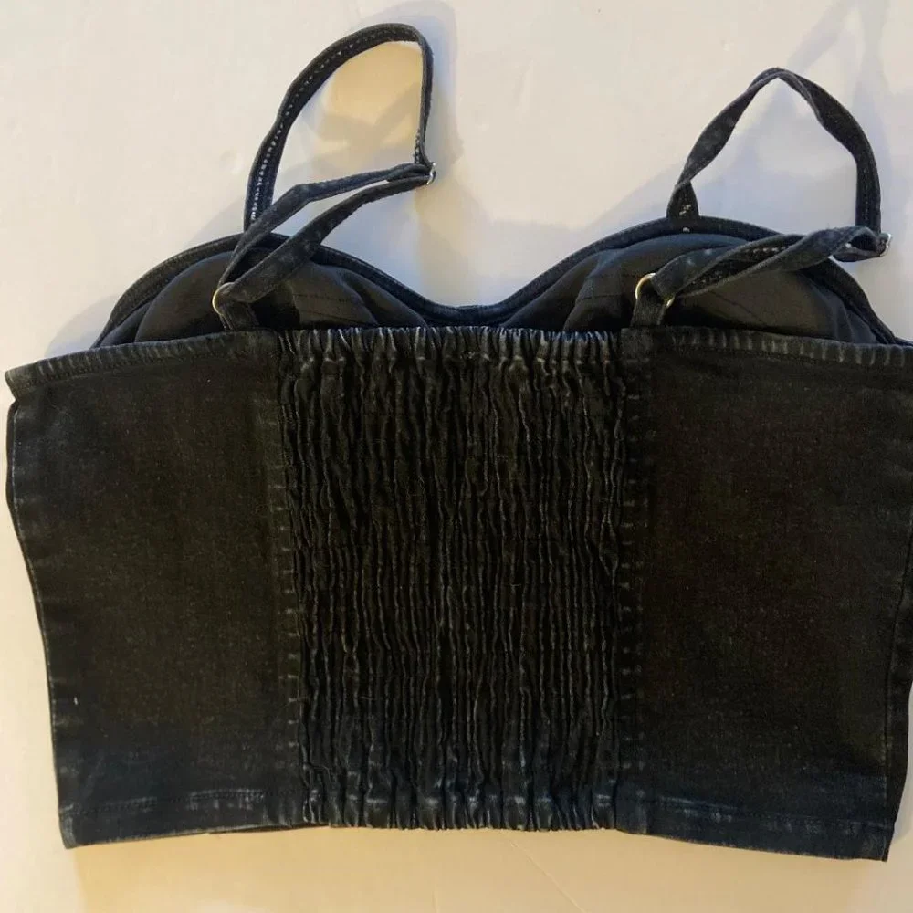 Rebellion Again Black Denim Corset Style Cropped Tank Top, Size Medium - Picture 3 of 5
